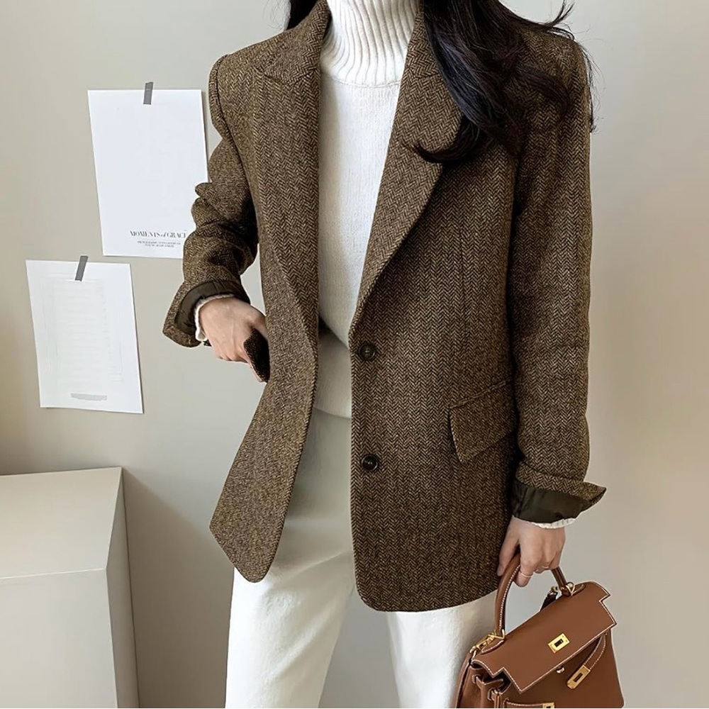 Women's Brown Herringbone Single-Button Blazer - image 5